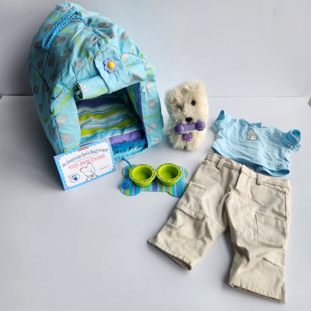 Retired American Girl Coconut Dog Accesories Set And Outfit House Pillow Bowls